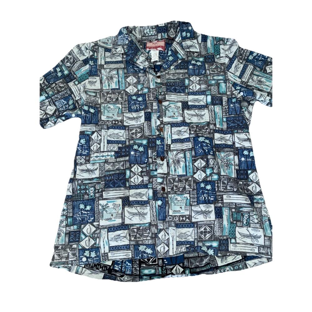 RJC Men's Shirt L Blue Island Motif Fishing Hawaii Lures Excellent Reverse Print